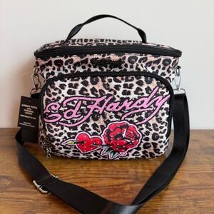 New Ed Hardy Cooler Lunch Box Bag Crossbody Brown Leopard Rose Y2K Retro